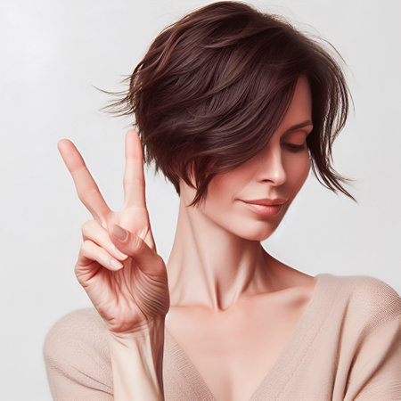 Portrait of a beautiful young woman showing victory sign on gray backgroundの素材