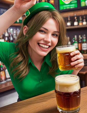 Young beautiful girl in green leprechaun hat and glasses of beerの素材