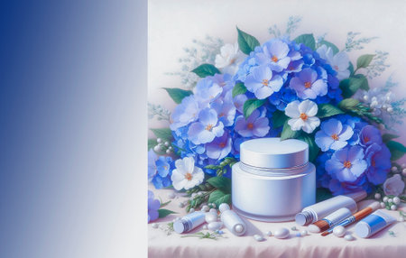 cosmetic cream in a white jar with blue flowers on the tableの素材