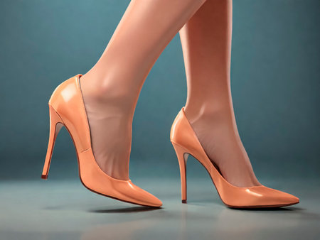 Female legs in beige high heels on a blue background, close-up, Peach fuzz color.の素材