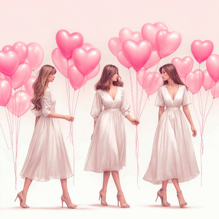 Beautiful young woman in white dress with pink heart shaped balloons.の素材
