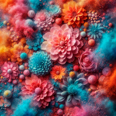 Colorful dahlia flowers on colorful powder background, closeupの素材
