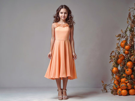 Beautiful young woman in an orange dress with pumpkins on a gray backgroundの素材