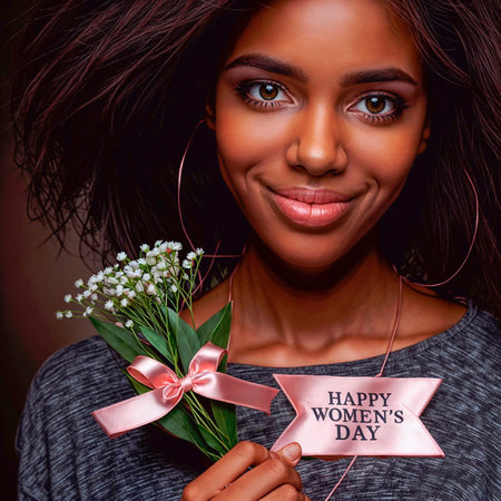 International Women's Day. Beautiful young african american woman holding a bouquet of flowers.の素材