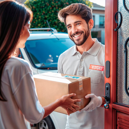 Smiling delivery man receiving parcel from woman at the door of her carの素材
