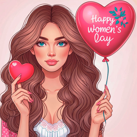 Valentine's day greeting card with beautiful woman holding heart shaped balloon. Vector illustration.の素材