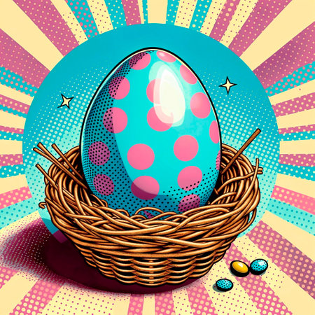 Easter eggs in a basket. Pop art retro style. vector illustrationの素材