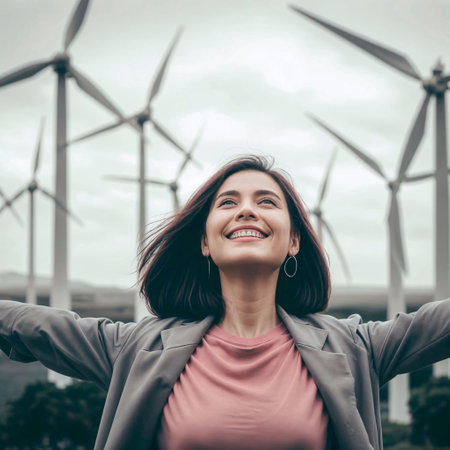 Portrait of a happy young woman standing in front of wind turbinesの素材