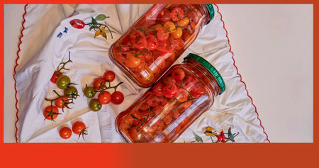Preserved cherry tomatoes in a glass jar on a white tableclothの写真素材