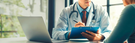 Doctor and patient discussing something while sitting at the table. Medicine and health care concept.の素材