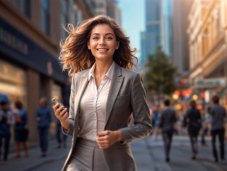 Beautiful young business woman is jogging on the city street.の素材