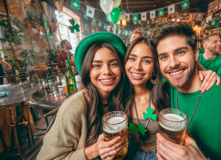 Group of friends in green leprechaun hats drinking beer and having fun in pubの素材