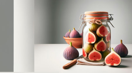 Glass jar with figs on white table and gray wall background.の素材