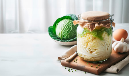 Jar with raw savoy cabbage and ingredients for cooking on light backgroundの素材