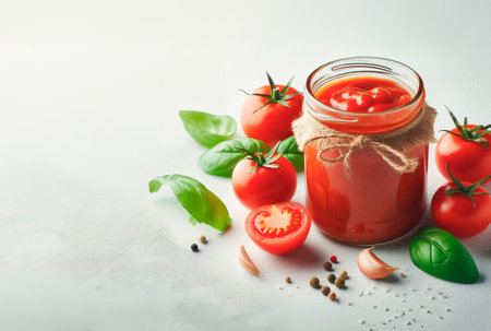 Tomato sauce in a glass jar with fresh tomatoes, basil and spices on a white backgroundの素材