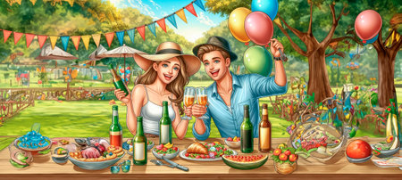 Cartoon happy young couple having picnic in the park illustration for childrenの素材