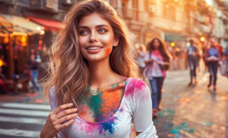 Beautiful young woman with color powder on her face is walking along the street.の素材