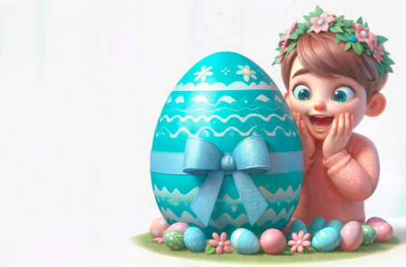 Easter egg with cute little girl - 3D render illustration.の素材