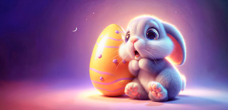 Easter bunny and easter egg on purple background. 3d renderingの素材