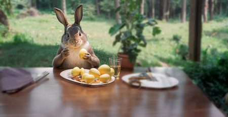 Easter rabbit and eggs on a wooden table. Easter concept.の素材