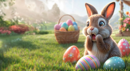 Easter bunny with basket of colorful eggs on green grass in gardenの素材