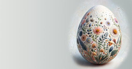 Easter egg with floral pattern on a white background with copy spaceの素材