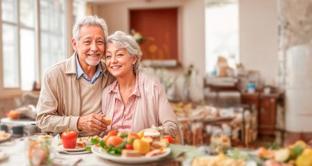 Portrait of happy senior couple having breakfast in the kitchen at homeの素材