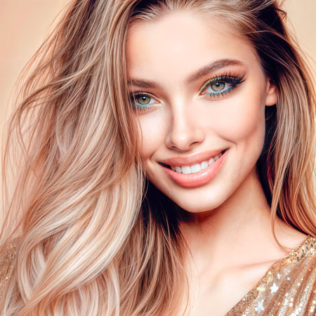 Portrait of a beautiful young woman with long blonde hair and bright makeupの素材