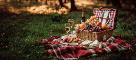 Picnic in the park. Picnic basket with wine, cheese, grapes, plaid and breadの素材