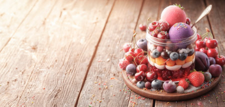Fruit salad in a glass jar on a wooden background, selective focus.の素材