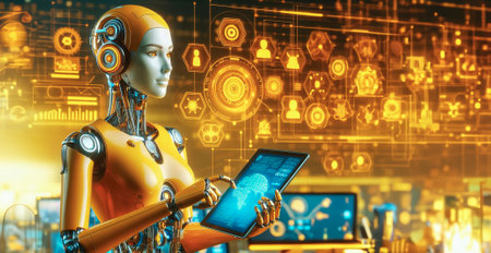 3d rendering humanoid robot working with tablet pc on circuit board backgroundの素材