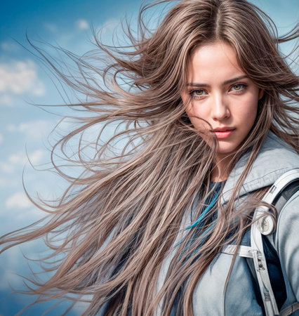 Portrait of a beautiful young woman with long hair in the windの素材