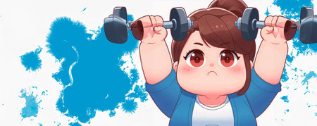 Cute cartoon girl lifting dumbbells. Vector illustration for your designの素材