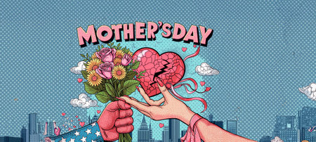 Happy Mother's Day. Hand holds a bouquet of flowers in the shape of a heart.の素材