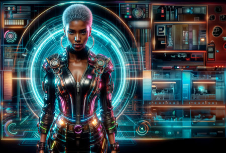 3D rendering of a female cyborg with futuristic HUD elements in the backgroundの素材