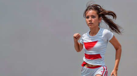 Athletic young woman running on a gray background. Sport concept.の素材