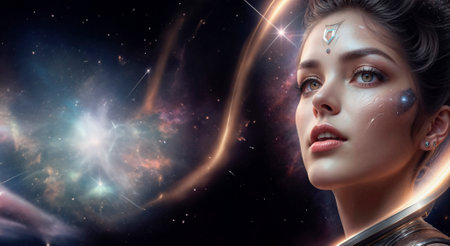 Cosmic beauty. Portrait of beautiful young woman in space.の素材