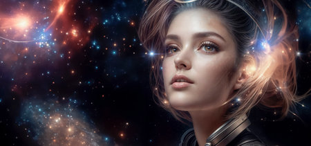 Beautiful young woman in space with stars and nebulae.の素材
