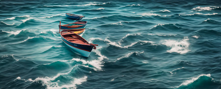 Fishing boats in the blue sea, panoramic view.の素材
