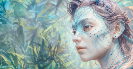 Art portrait of a beautiful young woman with blue make-up and hairstyleの素材