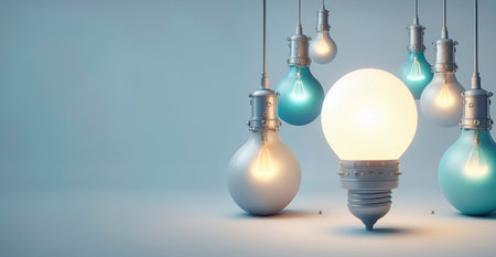 Glowing light bulbs on blue background. 3D render illustration.の素材
