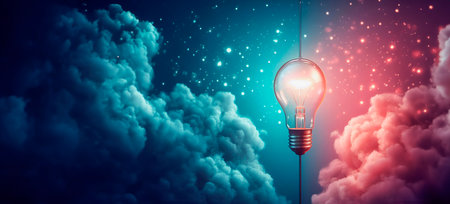 Conceptual image with glowing light bulb and smoke in dark spaceの素材