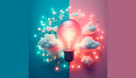 Glowing light bulb with cloud and lights on blue and pink backgroundの素材