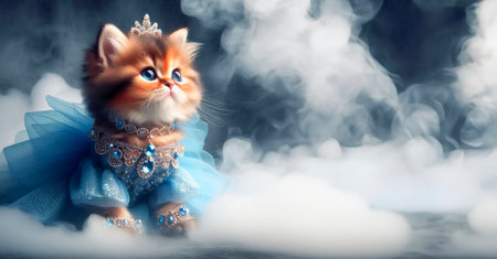 Funny fluffy kitten in a blue dress with a crown on her head.の素材