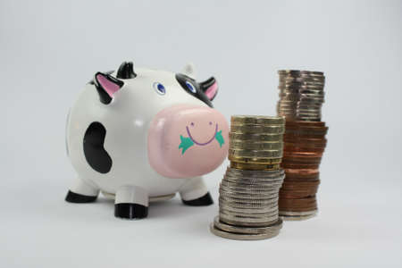 cash cow with piles of coinsの写真素材