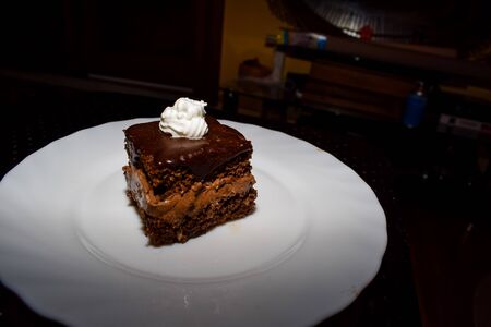 Chocolate cake with a touch of whipped cream on topの写真素材
