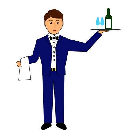 Waiter holds tray with wine and glasses waiter, service のイラスト素材