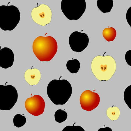 Pattern with black apples, half of apples and some gold apples.のイラスト素材