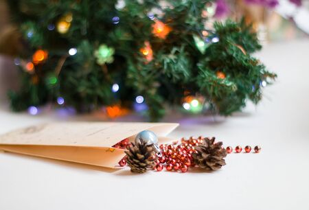 New year. Christmas. Christmas decorations. Christmas toys, cones. Christmas tree.の写真素材