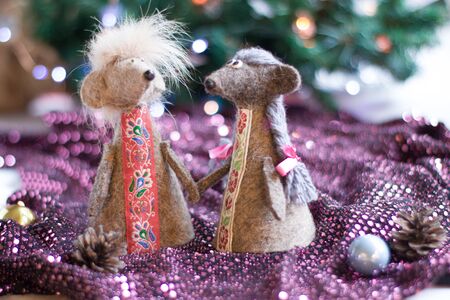 New Year card. Symbol of New Year 2020 - metal, silver rat. Cute rat with Christmas decorated tree.